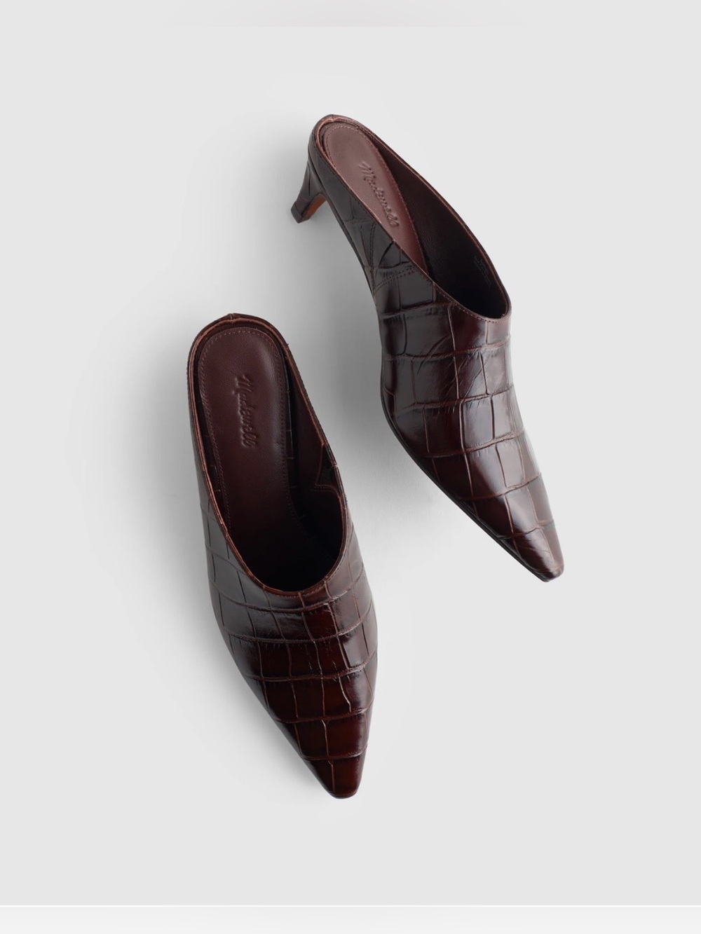 Madewell The Emilie Heeled Mule NY387 chocolate raisin croc stamped leather 12